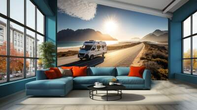 Motorhome driving under the sunlight by the coastline. Van life concept, travel, wanderlust. Generative AI Wall mural