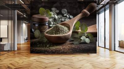 Rustic style photography of oregano powder over wooden spoon on dark background. Generative AI Illustration Wall mural