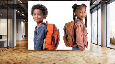 Set of Caucasian and African American children posing with school bay over white transparent background Wall mural