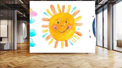 Set of child crayon drawings of clouds, sun and moon over isolated transparent background Wall mural