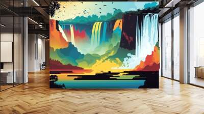 Vibrant colorful illustration of Iguazu falls in South America. Generative AI Illustration Wall mural