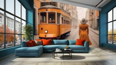 Woman walking on am European street with an orange vintage trolley car. Generative AI Wall mural