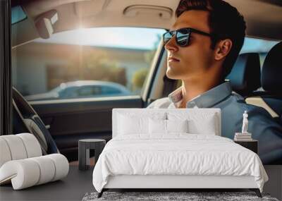 Young man wearing sunglasses driving modern new car. Interior shot Wall mural