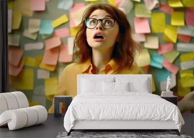 Young woman stressed in office with wall full of sticky notes. Generative AI Wall mural