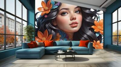 A stunning digital portrait of a brunette woman adorned with vibrant flowers, blending nature with elegance Wall mural