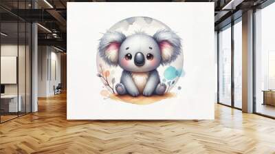 Adorable koala illustration with fluffy ears and paws, surrounded by whimsical botanical elements in soft pastel colors Wall mural