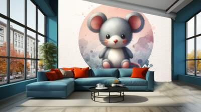 Adorable watercolor illustration of a small grey mouse with large ears and a long tail on a white background Wall mural