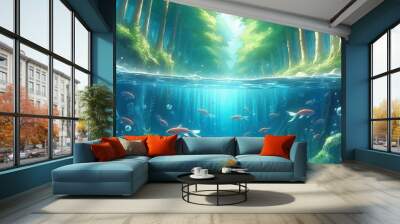 Serene underwater scene with sunlight filtering through a forest canopy, blending aquatic and terrestrial elements in harmony Wall mural