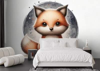 Whimsical Orange Fox Illustration with Watercolor Splashes in Circular Frame and Cute Design. Wall mural