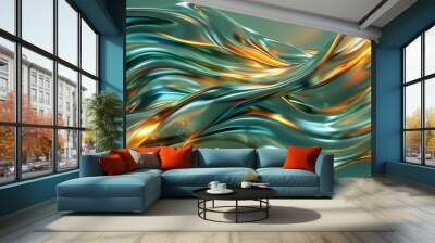 3D render of colorful fluid metallic liquid waves on a green background, abstract wavy cloth with golden light reflections, fluid wave design, fluid shapes, fluid art Wall mural