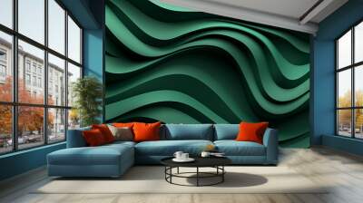 Green flowing waves with a smooth, silky texture create an abstract design for wallpapers or backgrounds Wall mural