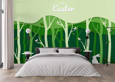 Easter greeting card with paper cut rabbit family happy on spring forest Wall mural