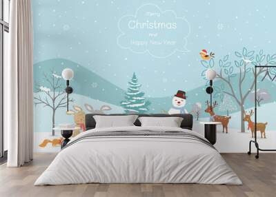 Merry Christmas and Happy new year greeting card with animals happy on winter background Wall mural