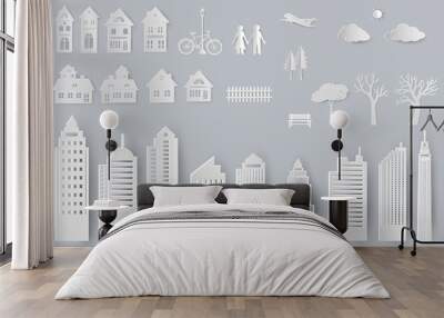 Set of buildings,houses,trees isolated objects for design in paper cut style Wall mural