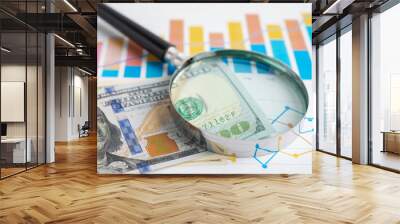 Magnifying glass with US dollar banknotes on graph. Finance business and trading. Wall mural