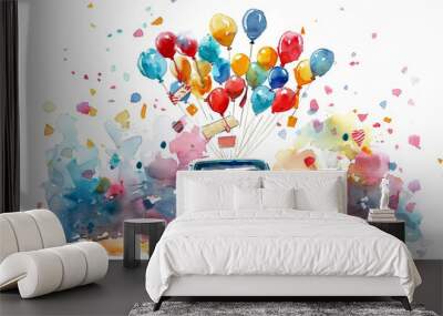 A watercolor painting of a blue retro pickup truck with a bunch of colorful balloons tied to the front bumper. The truck is driving on a road with a colorful background. Wall mural