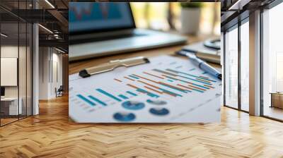 Detailed financial report featuring graphs and charts analyzed on a wooden desk with a laptop and stationery. Wall mural