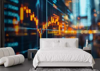 Dynamic stock market graph displaying financial trends and growth, showcasing data visualization in a modern urban setting. Wall mural