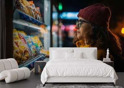 The image shows a young woman standing in front of a vending machine at night. She is looking at the snacks and drinks available. Wall mural