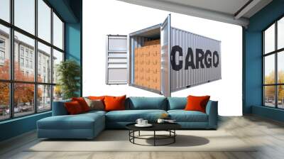 Ship cargo container, metallic freight box filled with individual cardoard boxes. Png clipart isolated on transparent background Wall mural