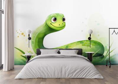 A watercolor painting of a green snake isolated on a white background Wall mural