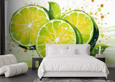 green lime. Background with round slices of lime, illustration. Wall mural