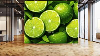 green lime. Background with round slices of lime, illustration. Wall mural