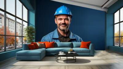 Man builder worker in uniform. Business, building, industry, technology. Builder concept. Business, building concept - smiling builder in hard hat. Wall mural