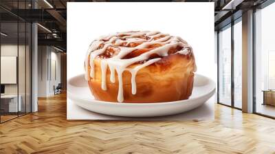 Plate of tasty cinnamon roll with cream on white background Wall mural