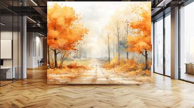 Watercolor illustration Colorful foliage in the park. Falling leaves natural background .Autumn season concept. Abstract autumn background Wall mural