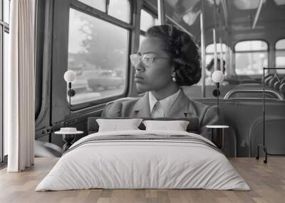 A poised woman sits on a bus, gazing out the window, reflecting a moment of contemplation in a nostalgic black-and-white setting. Wall mural