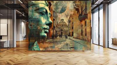 The image is a painting of a street scene with a statue of a pharaoh in the foreground Wall mural