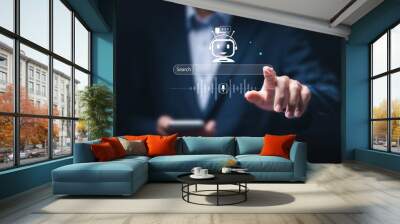 Ai search tech concept, businessman use mobile smartphone with AI search engine bar for data search optimization by artificial intelligence technology. Wall mural