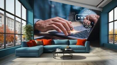 AI technology, Businessman use laptop with virtual screen of AI chatbot communicate and answer questions. Artificial intelligence solves problems and assists human decision-making for users. Wall mural