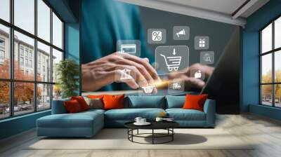 Business ecommerce concept. businessman use laptop with online shopping icons for Internet shopping, online purchase, ecommerce store, online business, shopping on the internet. Wall mural