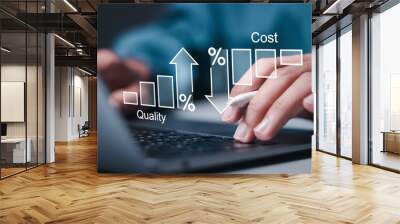 Cost and quality control concept. Quality control and company cost reduction. Successful organization strategy and management Person use laptop with cost and quality graph on virtual screen. Wall mural