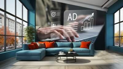 Digital marketing commerce online sale concept, Businessman use laptop with advertising on website. planning advertising marketing strategies to target social media native, ad, advertisers, sales. Wall mural