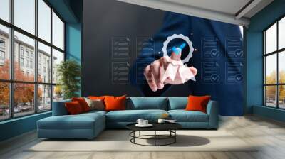 ISO service and certification concept. Businessman touching sign of top service Quality assurance and Quality control on virtual screen. Wall mural