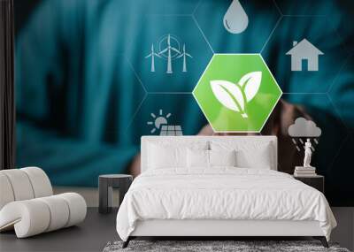 Sustainable energy concept. Person touching virtual Environment icon for sustainable energy at home. Environmental green energy. Wall mural