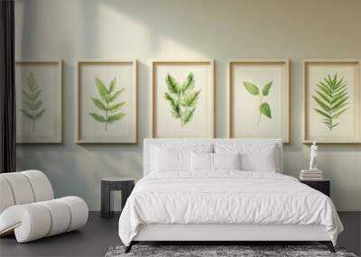 A beautiful arrangement of framed botanical artworks featuring various green leaves, enhancing a serene interior space. Wall mural