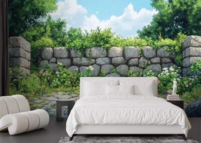 A serene garden scene featuring a stone wall, lush greenery, and vibrant flowers under a clear blue sky. Wall mural