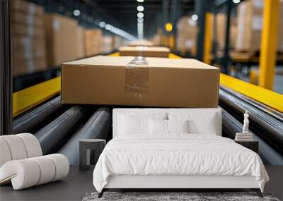 Cardboard box on conveyor belt in a warehouse setting Wall mural