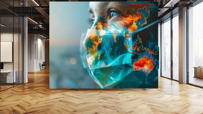 Close-up of a person wearing a mask with a world map overlay, symbolizing global impact and health care during a pandemic. Wall mural