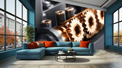 Close-up view of intricate gears in a mechanical machine. Wall mural