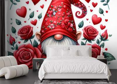 Cute Red Happy Valentine's Day Gnome with Roses and Heart Watercolor Clipart Wall mural