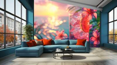 Refreshing tropical cocktail with flowers on a table by the ocean at sunset, capturing a perfect summer evening with vibrant colors. Wall mural