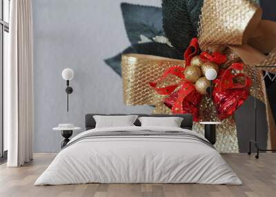 Golden bow and red bell Decorated Christmas Wall mural