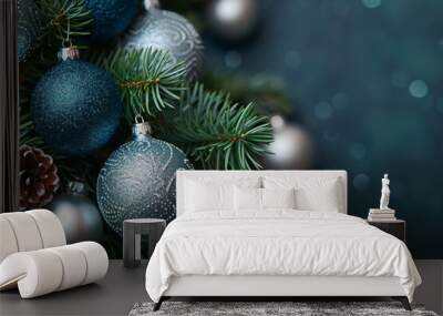 Christmas background. festive decorations hanging on christmas tree.  Wall mural