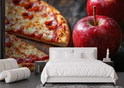 pizza and apple. Healthy vs unhealthy food diet and lifestyle concept.  Wall mural