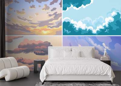 Set of sky landscapes. Beautiful clouds in cartoon style. Wall mural